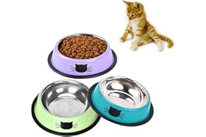 SUOXU Cat Bowls, Stainless Steel Colorful Cat Food Bowl, Non-slip Pet Water Bowl, Puppies Feeding Bowl, Set of 3 Metal Cat Bowl With Silent Pet Feeding(Blue/Purple/Green)