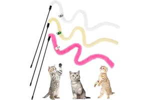 Andibro 3Pcs Colorful Interactive Cat Wand Toys, Macaron Kitten Ribbon Charm Wand Multicolor Cat String Toy Cat Teaser Wand String Ribbon Charm Stick for Indoor Cat Kitten Exercise(A)