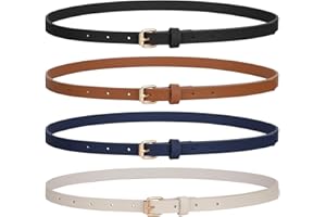 LEACOOLKEY 4 PACK Skinny Leather Belt for Women Dress Thin Waist Belt with Gold Buckle for Jeans Dresses