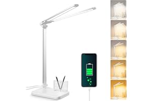 Sentasi Lámpara LED de escritorio,Lámpara de mesilla regulable 5 colores y 10 niveles Lámpara de luz diurna Doble conexión USB Lámpara de oficina con temporizador para lectores, niños, oficina