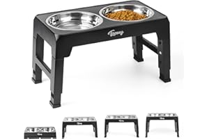 Toozey Comedero Elevado Perro con Tazones de Acero Inoxidable Dobles de 1,2 L de 4 Altura Ajustable para Alimentador de Agua y Comida para Mascotas y Gatos, Negro
