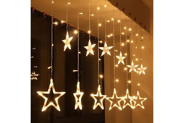 fizzytech Star Curtain LED String Lights 138 LED, 8 Flash Modes, Warm White Copper Wire Fairy Lights for Window, Wall, Garden, Diwali, Christmas, Wedding & Home Decoration