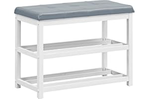 COSTWAY Shoe Storage Bench, 2/3 Tiers Shoes Rack Stool with Cushioned Seat, Home Living Room Bedroom Hallway Entrance Shoe Stand Shelves Organiser Unit (Rubber Wood Frame, White+Grey)