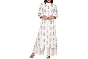 Ladyline Tunique longue Kurti Kurta en coton imprimé ethnique pour femme avec fente sur le devant et manches enroulables