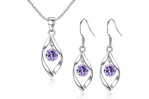 Zolkamery Silver Jewellery Set for Women, 925 Sterling Silver Women's Jewellery Sets with White/Blue/Pink Zirconia, Hypoallergenic Twist Pendant Necklace & Hook Dangle Earrings Set Gift with Gift box