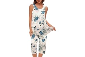 LUOLUOLUO Ladies 2 Piece Pyjama Set UK Sale, Womens Floral Sleepwear Sleeveless Vest Shirts and Three Quarter Cropped Pants Bottoms Flowers Print Lounge Set Comfort Cotton Loungewear Stretch Fit Nightwear