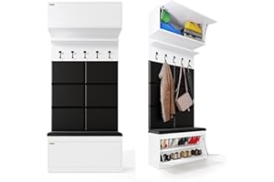 ‎PLATAN ROOM PLATAN ROOM Wand-Garderobe Set mit Garderobenpaneel & Schuhschrank & Hängeschrank 100 cm Flurgarderobe Garderobenset Flur Eiche Holz Weiß (4-TLG. mit 6 paneel, Weiß)