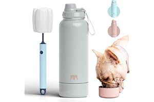 Miracle Pets Botella Agua Perros - Botella Termica 1 Litro -Cantimplora Acero Inoxidable - Asa Agarre Fácil Doble Aislamiento sin BPA -Bebedero Perro Portatil Incluye Cepillo Limpiador (Light Gray)
