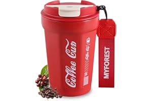 MYFOREST 400ml/14oz Travel Coffee Mug, Insulated Cup with Lid/Portable Strap/Double-Layer Vacuum/Leak-Proof/Keep 6 Hours hot/100% Dishwasher-Safe