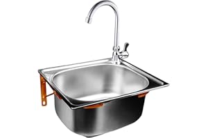 XUNFAKEJI Ausgussbecken, Edelstahl Wandmontage Waschbecken, Spülbecken mit Armatur, Waschbecken, Rechteckig Haushaltsspülbecken, für Keller Garage Garten Waschküche (45x39cm)