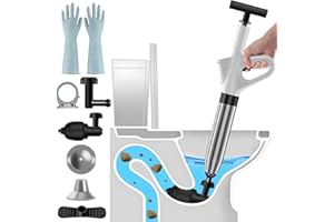 hzuisst Sbloccante per WC resistente, ad alta pressione con barometro visivo, stantuffo per lavello con 4 testine sostituibili, supporto e guanti, strumento di sblocco per sbloccare lo scarico della