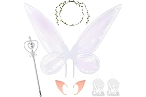 Hereneer Feenflügel Mädchen, 8er Set Feenflügel Kinder, Fairy Wings Erwachsene, Schmetterlingsflügel Elfenflügel mit Elfenohren Blumenkranz Kostüm Zubehör Karneval Kostümparty Verkleidung (Weiß)
