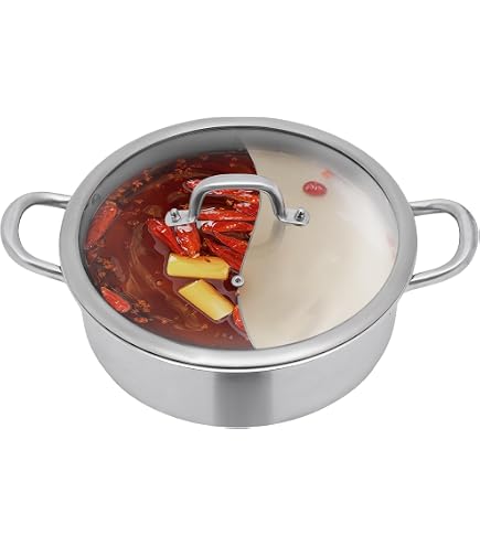 Casserole à fondue chinoise en acier inoxydable 304 de 32 cm avec couvercle en verre et 2 cuillères Convient pour plaques à induction, cuisinières à gaz