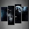 4 Panel Wall Art Black Wolf And Full Moon Painting The Picture Print On Canvas Animal Pictures For Home Decor Decoration Gift Piece Stretched By Wooden Frame Ready To Hang