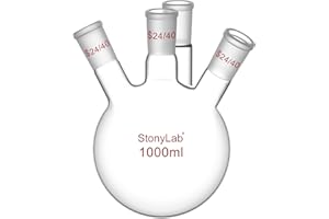 stonylab 4 Hals Runde Unterseite Flasche RBF, Schwere Wand Borosilikatglas Runde Unterseite Kochende Flasche mit 24/40 Standard Kegel Außengelenk, 1000 ml