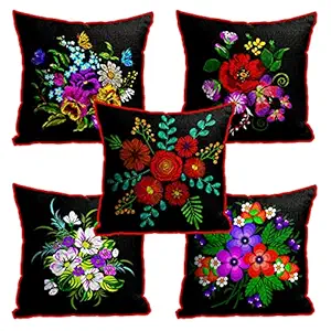 DreamVio Jute Fabric Printed Decorative Throw/Pillow Covers, Cushion Covers for Living Room, Bed Room, Sofa,Chairs Pack/Set of 5 Multi Flowers (Multicolour, Size 24 x 24 Inches) Style 4
