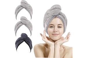 M-bestl Absorbent Microfibre Hair Towel Turban with Button Design to Dry Quickly,An-frizz and Avoid the Wet Hair Falling off (3 Pack-Dark Gray& &Light Gray&Light Gray)