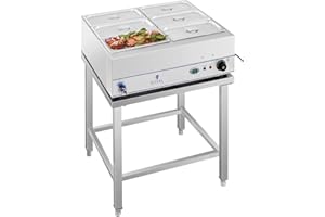 Royal Catering Chauffe-plat Bain-Marie Professionnel RCBM-6WS-2000 (2000W, incl. Table, 6 x 1/3 bacs GN, robinet de vidange, écran LCD)