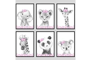 EVIEPOPS PRINTS Ensemble Animaux Safari de 6 Impressions Sans Cadre pour Chambre d'enfant Fille, Décoration Chambre Posters Décoratifs Muraux, Eléphant Lion Girafe Zèbre Panda Koala, Rose Gris (A4)