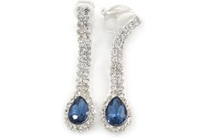 AVALAYA Cobalt Blue/Clear Crystal Teardrop Clip On Earrings In Silver Tone - 40mm L