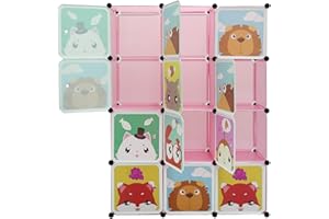 Supfine Erweiterbares Kinderregal Kinder Kleiderschrank, 12 Würfel, Regalsystem mit Türen & 2 Aufhängern, Aufbewahrungsmöbel Schlafzimmer Kleiderschrank Für Kleidung Schuhe Spielzeug (Rosa)