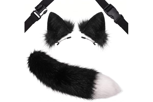 PithCogent öron och svans |Kattöron och svans 1 set, möjlig plysch, svart | Poserbar plysch, justerbara remmar, halloween Cosplay, anime-fans