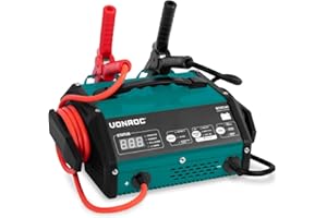 VONROC Chargeur de Batterie - Chargeur Batterie Avec Démarrage Rapide - Max. 15A Pour Batterie Au Plomb 6V et 12V - Chargeur Batterie Moto & Voiture - Chargeur de batterie + 3 Fusibles de Rechange 80A