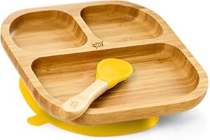 bambuswald© Vaisselle pour enfants avec ventouse et cuillère | Assiette enfant en bambou 3 subdivisions - solide comme le roc ! Pour bébé Ensemble de petit-déjeuner assiette à ventouse alimentation