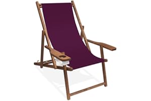 PROMO TRADE Holz-Liegestuhl mit Armlehne und Getränkehalter, Klappbar, mit dunkelbrauner Lasur, Wechselbezug (Aubergine)