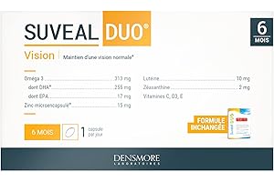 Densmore - SUVEAL Duo - Complément Alimentaire Ophtalmologique à base de DHA (Oméga 3), Lutéine, Zéaxanthine, Vitamines et Zinc - Idéal Vision - 180 Capsules - Cure de 6 mois - Fabriqué en France