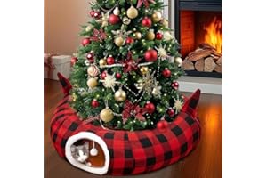 GUDELAK Cat Tunnel for under Christmas Tree, Cat Beds for Indoor Cats with Hanging Ball and Kitten Ears, Donut Cats Bed Cave with Christmas Tree Skirt Red and Black Plaid for Rabbit Winter Home Decor