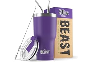 GREENS STEEL BEAST Mug Isotherme Cafe - 900ml I Violet profond I Acier Inoxydable I Réutilisable, Tasses Isothermes I 2 Pailles et Brosse Nettoyage I Thermos Cafés de Voyage Double Paroi I Café Chaud ou Glacé