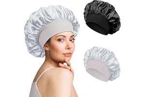 KIIWAH 2 Pezzi Cuffia Seta Capelli Ricci, Cuffia Capelli Ricci Notte Bonnet per Capelli Ricci, Cappello da Notte per Donna (Nero, Argento)