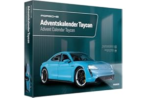 Franzis 67203 Kalendarz adwentowy Porsche Taycan Frozen Blue, metalowy model w skali 1:24, zawiera oświetlenie LED salonu i 52-stronicową książkę z ... Porsche Advent Calendar Taycan