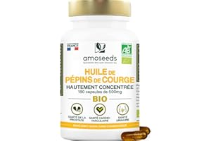 AMOSEEDS Huile de Pépins de Courge BIO | Prostate, Santé urinaire | Huile pressée à froid | 180 capsules végétales, vegan | Conditionné en France | Qualité Supérieure
