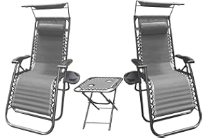 COSMO BUY Set of 2x Zero Gravity Chair with Sun Shade, Cup Holder, Table, Outdoor Sun Lounger Recliner chair with table Padded headrests Ideal for Pooland Garden, Terrace (Grey)