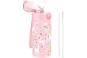 GOPPUS 420ml/14oz Kids Insulated Water Bottle with Straw Cute Double Wall Stainless Steel Child's Small Flask Vacuum Insulated Steel Metal Leak Proof Drink Flask Boys Toddler Girls Bottles BPA-Free