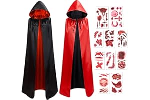 BLUELVES Capa de Vampiro, Capa Negro Rojo con Capucha, Disfraz de Halloween Dracula Adulto, Disfraces de Vampiros y Tatuajes Temporales, Capa de Halloween para Mujer Hombre Fiesta Halloween Cosplay, 150cm