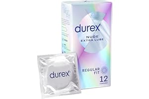 Durex Nude Extra Lube, Regular Fit, 12 Pack, Ultra Thin, Designed to Feel It All, Extra Lubrication, Silicone Lube, Easy On Shape