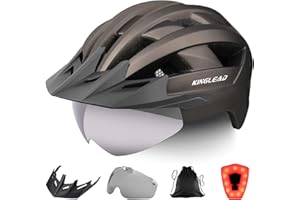 KINGLEAD Casco da Bicicletta per Adulti Uomini Donne con Luce LED Ricaricabile USB, Occhiali Magnetici e Visiera Rimovibile, Casco da Mountain Bike Casco da Ciclismo Casco da Bicicletta da Strada