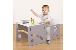 FUNLIO Montessori Beikosttisch und Stuhl-Set für Kleinkinder 1-3 Jahre, höhenverstellbar, Kinder-Tisch und Stuhl zum Lesen/Essen/Spielen, einfach aufzubauen - Grau