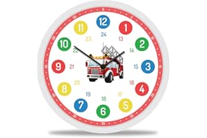 ‎GRAVURZEILE GRAVURZEILE Wanduhr Kinder Feuerwehr Motiv - Lautlose Kinderwanduhr geeignet für Mädchen - Bunte Lernuhr für Kinder 30 cm - Einfaches Ablesen der Uhrzeit Lernen - Farbenfrohes Design