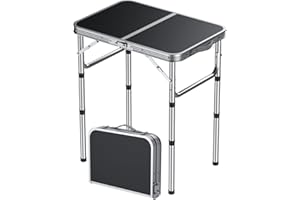 HOMGEN Table de Camping Pliante 58x40 cm, Réglable en Hauteur sur 3 Niveaux, Pliante, Camping, Légère et Portable pour Activités en Plein air, Balcon, Jardin - Noir