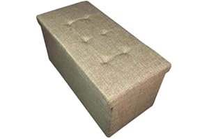 HomeHarmony® Quilted Top Folding Storage Ottoman Seat, Stool, Toy Storage Box Linen Look (Natural, Large)