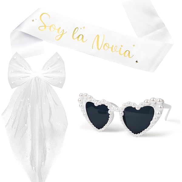 Accesorios Para Despedida De Soltera – Velo Con Lazo, Diadema De Perlas Y Gafas De Sol Corazón, Color Blanco