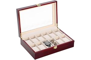 Uten Watch Box 12 Slots, Solid Wood Watch Case, Watch Display Storage Box with Glass Lid, Removable Watch Pillows, Metal Clasp, Claimond Veins Lining, Gift Idea for Men and Women