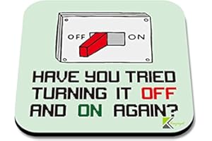 KRUZROYAL CS070 Have you tried turning it off and on again? Novelty Funny Coffee Tea Gift Glossy MDF Wooden Coaster | Gifts for Tech Support, Dad, Men, Colleagues – MDF Drink Mat – Fathers Day & Geek Present