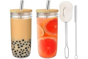 ALINK Mugs Bubble Tea 2pcs 750ml Glass, Reusable Smoothie Mug, Boba Mug with Lid and Stainless Steel Straw (Tasse à boissons gazeuses avec couvercle et paille en acier inoxydable)