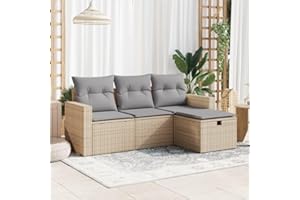 Emmtore 4-TLG. Garten-Sofagarnitur mit Kissen Poly Rattan,1 x Mittelsofa+2 x Sofa mit Armlehnen+1 x Fußhocker,Beige und Grau,mit Aufbewahrung & Tasche