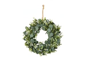 HAOSHICS HAOSHCIS - Corona de eucalipto artificial con flores, hojas verdes sintéticas, corona de eucalipto para puerta delantera, pared, festival, celebración, chimenea, ventana, decoración de fiesta (B)